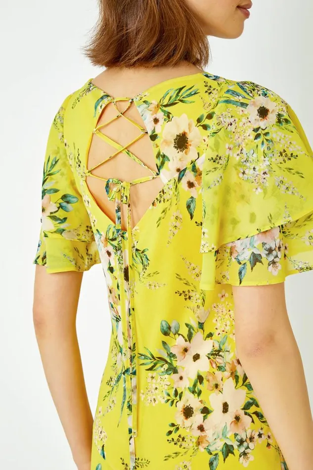 Yellow Floral Tiered Sleeve Chiffon Maxi Dress Women Roman Dresses