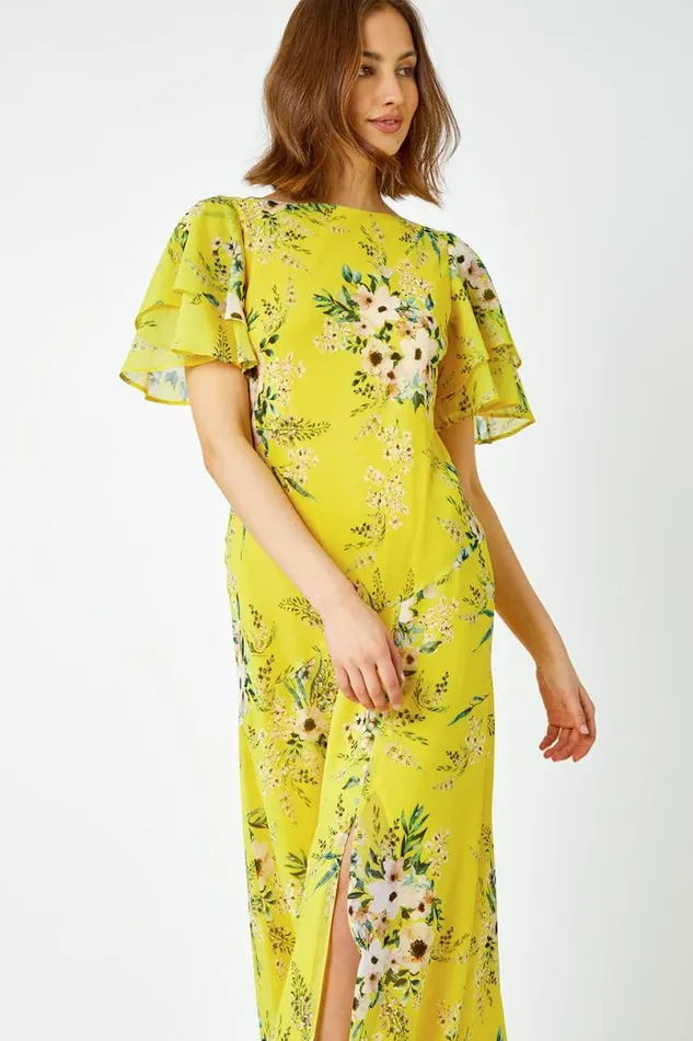 Yellow Floral Tiered Sleeve Chiffon Maxi Dress Women Roman Dresses